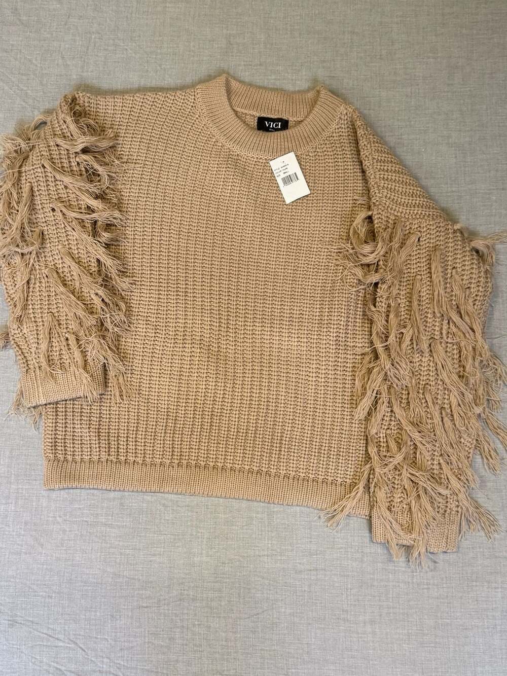 VICI Taupe Fringe Sleeve Chunky Knit Sweater NWT - Picture 3 of 6